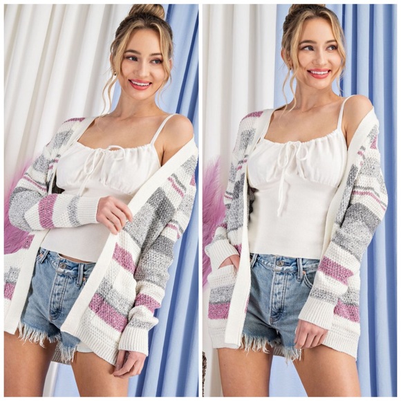 Hot Pink & Grey Striped Open Front Cardigan - Picture 6 of 7